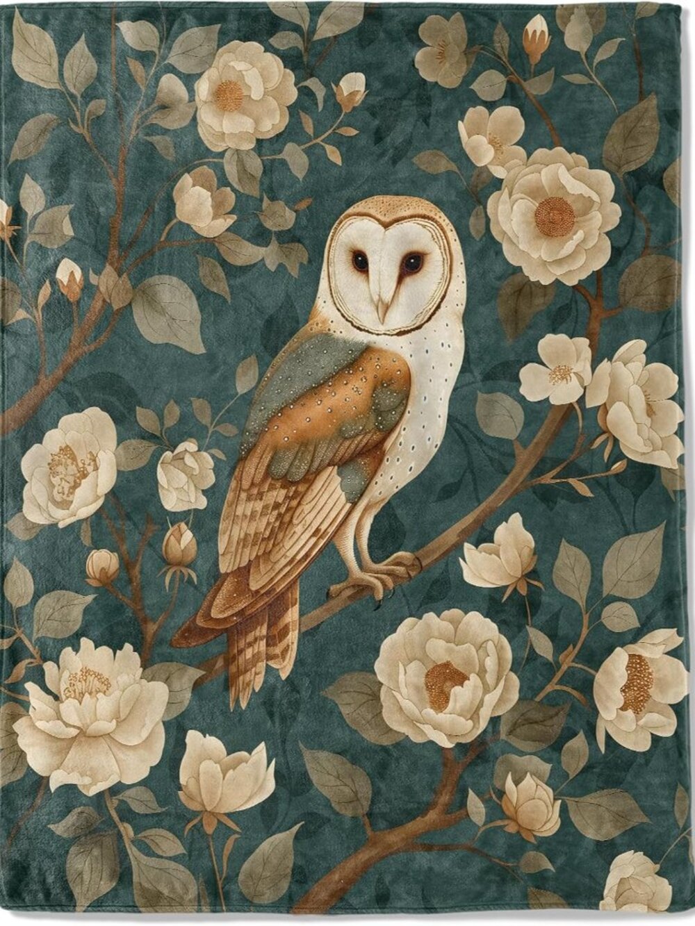 Vintage Owl Floral Fleece Blanket,Retro Flower Songbird Blankets,Elegant Botanic
